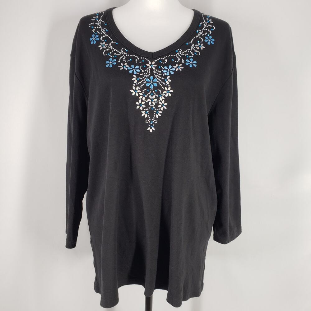 Decorated Originals Women's Black Floral Embellished Top Size 2XL